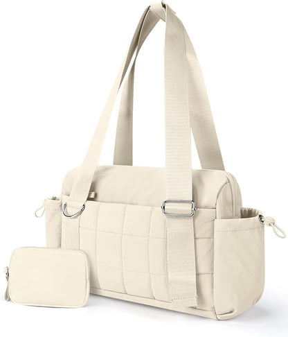 VUUDH Mini Gym Bag for Women Puffy Bag, Small Gym Bag with Coin Wallet, Lightweight Gym Tote Bag for Fitness, Work, Travel, Daily Commute,Beige