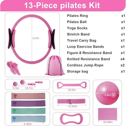 Pilates Essentials Kit for Women, Home Pilates Kit with 12.9" Ring and 9.8" Mini Ball, 4 Fabric Loop Bands, Figure-8 Band, Stretch Strap, Jump Rope, Carry Bag