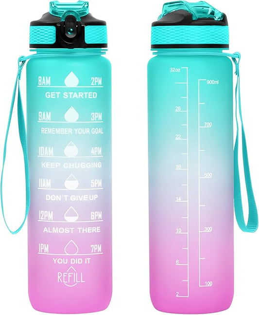 32 oz Motivational Water Bottle with Time Marker,Water Bottles with Times to Drink and Straw with Carrying Strap,Perfect For Fitness Gym Outdoor,BPA Free (Green & Purple Gradient)