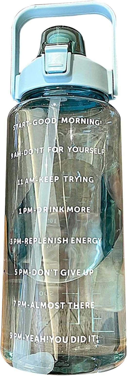 Sports Water Bottle with Straw, 2000ML Large Capacity Plastic Water Cup with Time Water Bottle Portable Strap Transparent Drinking Water Bottle with Times Scale for Gym Outdoor Fitness(Green)