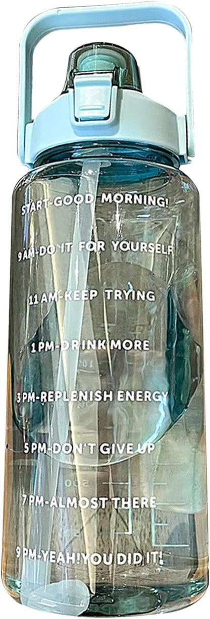 Sports Water Bottle with Straw, 2000ML Large Capacity Plastic Water Cup with Time Water Bottle Portable Strap Transparent Drinking Water Bottle with Times Scale for Gym Outdoor Fitness(Green)