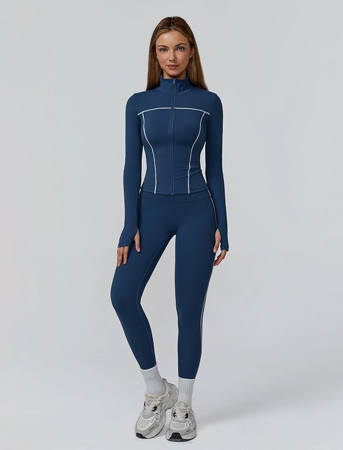 Womens workout sets Contrast Long Sleeve Jacket with Sports Bra and Butt-lifting Pants Yoga Outfits 3 Pieces Set