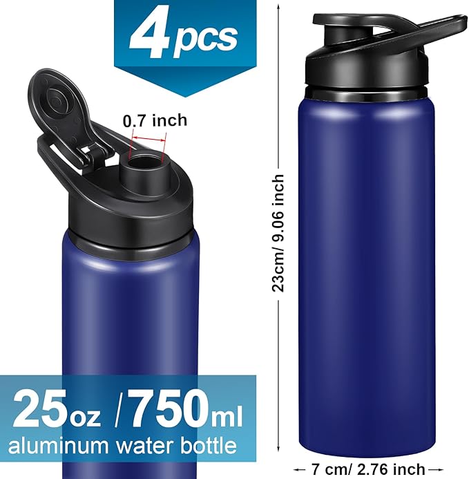 CHENGU 4 Pcs Aluminum Water Bottle 25oz Aluminum Reusable Bottles Lightweight Snap Lid Sports Water Multipack Easy Carry Leak Proof Travel for Gym Camping Hiking Outdoor Fishing (Blue)