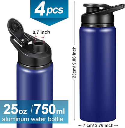 CHENGU 4 Pcs Aluminum Water Bottle 25oz Aluminum Reusable Bottles Lightweight Snap Lid Sports Water Multipack Easy Carry Leak Proof Travel for Gym Camping Hiking Outdoor Fishing (Blue)