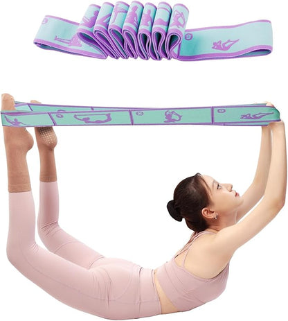 Elastic Yoga Stretching Strap with 9 Loops Pattern Guide, Stretch Straps for Pilates, Dance, Gymnastics Physical Therapy, Multi-Loop Adjustable Exercise Bands