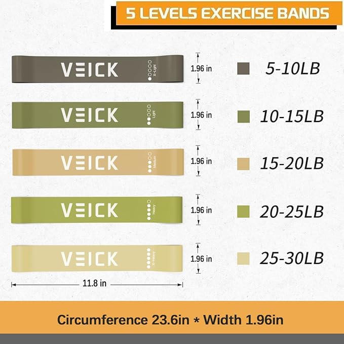 VEICK Resistance Loop Exercise Bands, Elastic Workout Bands for Men Women, Set of 5 Different Resistance Levels Stretch Band for Home Fitness Stretching Strength Training