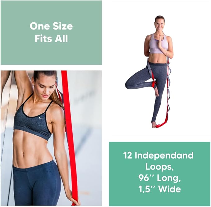 sport2people Stretching Strap for Yoga, Flexibility, Rehabilitation - 2 Free Exercise Ebooks - Get Flexible with 12-Loop Stretch Band for Rehab, Recommended by Physical Therapists and Trainers