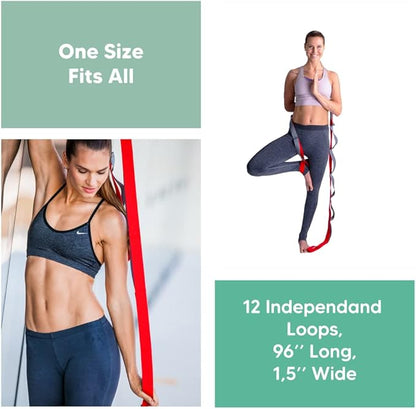 sport2people Stretching Strap for Yoga, Flexibility, Rehabilitation - 2 Free Exercise Ebooks - Get Flexible with 12-Loop Stretch Band for Rehab, Recommended by Physical Therapists and Trainers