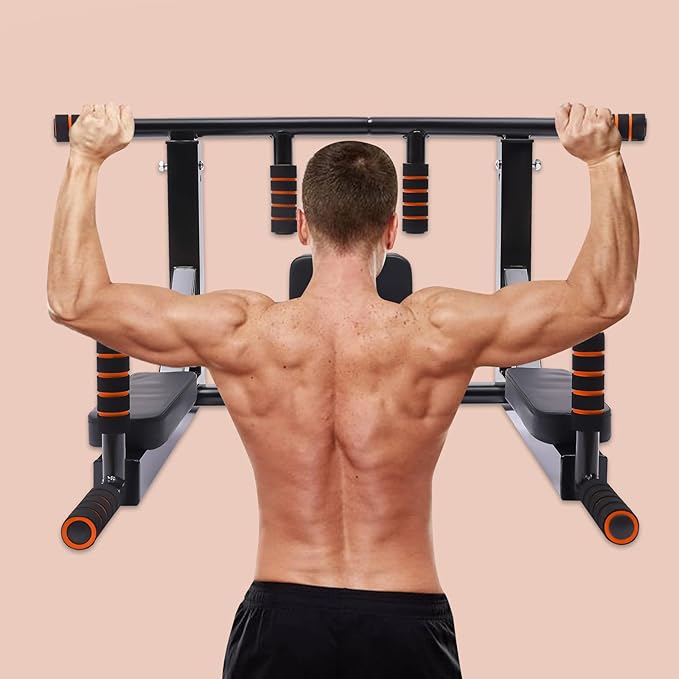 Wall Mounted Pull Up Bar, Multifunctional Chin Up Dip Station for Indoor Home Gym, Training Equipment Fitness Dip Stand Supports to 440 Lbs, Heavy Duty Multi-Grip Chin Up Bar for Full-Body Workouts