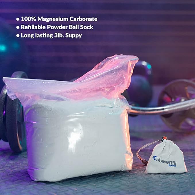 Cannon Sports Gym Chalk Powder – 3 Pounds of Magnesium Carbonate Loose Chalk with Resealable Bag & Chalk Bag Sock – Pro Non-Slip, Sweatproof Grip for Weightlifting, Gymnastics, Rock Climbing and More