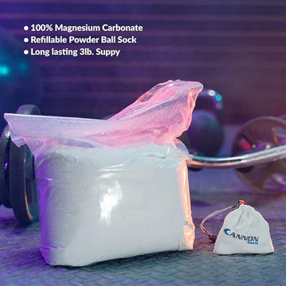 Cannon Sports Gym Chalk Powder – 3 Pounds of Magnesium Carbonate Loose Chalk with Resealable Bag & Chalk Bag Sock – Pro Non-Slip, Sweatproof Grip for Weightlifting, Gymnastics, Rock Climbing and More