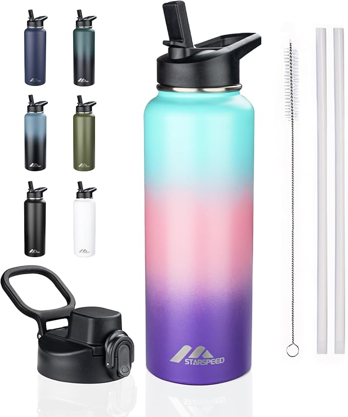 StarSpeed 40oz Insulated Water Bottle with Straws & 2 Lids, Stainless Steel Double Walled Vacuum Water Flask, Wide Mouth Sports Water Bottle for Gym Camping Hiking, Hydrangea