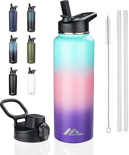 StarSpeed 40oz Insulated Water Bottle with Straws & 2 Lids, Stainless Steel Double Walled Vacuum Water Flask, Wide Mouth Sports Water Bottle for Gym Camping Hiking, Hydrangea