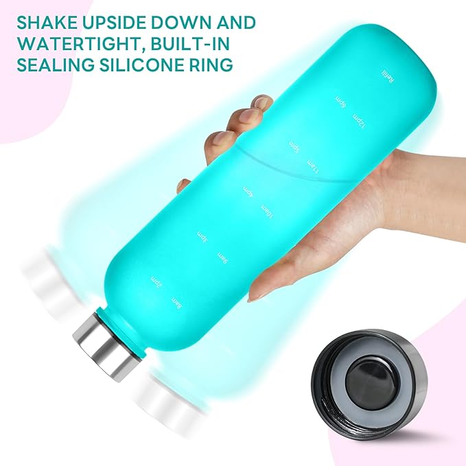 Water Bottle 32 oz, Frosted Style Sports Water Bottles BPA Free Water Bottle With Time Marker,Small mouth Leakproof Water Bottles with Strap for Gym Fitness Hiking Bike Camping (Green)