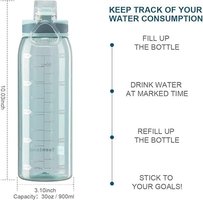 30oz Sport Water Bottle with Time Markers, Large Durable Gym Clear Plastic Bottle Tritan BPA Free for Fitness, Outdoor Enthusiasts, Leakproof Green (Pack of 1)