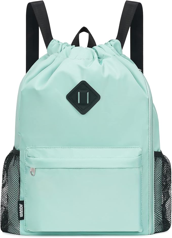 WANDF Drawstring Backpack Sports Gym Bag with Shoes Compartment, Water-Resistant String Backpack Cinch for Women Men (Large,Mint green)
