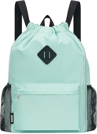 WANDF Drawstring Backpack Sports Gym Bag with Shoes Compartment, Water-Resistant String Backpack Cinch for Women Men (Large,Mint green)