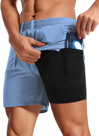 Aolesy Men's 2 in 1 Running Shorts 5" Workout Gym Athletic Shorts for Men Quick Dry Lightweight Training Shorts with Pockets