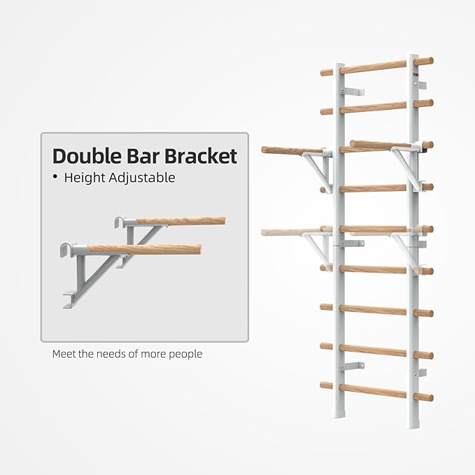 DHT Wood Stall Bar, Swedish Ladder Suspension Trainer with 9 Strategic Rods, for Home, Gym, School and Clinics, White