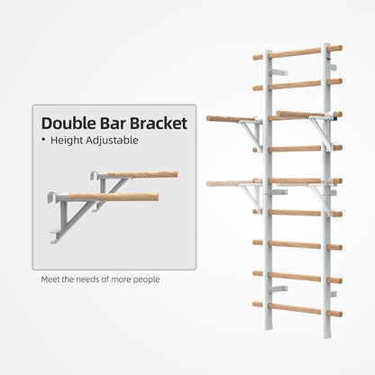 DHT Wood Stall Bar, Swedish Ladder Suspension Trainer with 9 Strategic Rods, for Home, Gym, School and Clinics, White