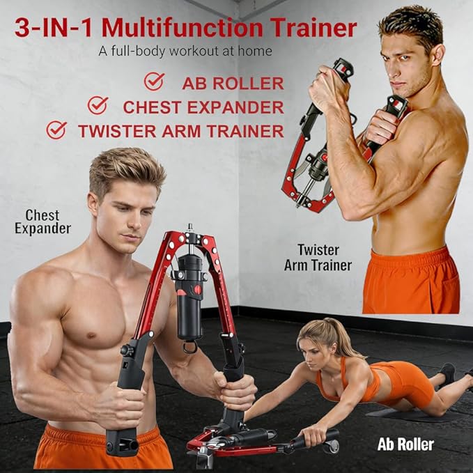 Twister Arm Trainer,with Adjustable Hydraulic Resistance 22-440LBS,3-in-1 Chest Expander Arm Exerciser with Ab Roller Wheel,Home Gym Equipment for Chest,Arms,Shoulders & Abdominal Workout,Black