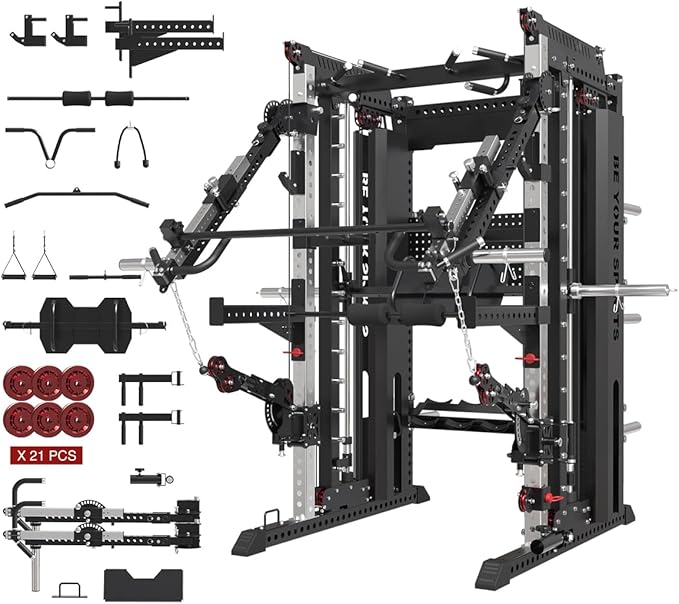 FAGUS Commercial Smithe Machine with Dual Weight Stacks, Power Cage Squat Rack with Lever Arm & Leg Press Attachment, Multi-Function Linear Bearing Cable Crossover Machine for Home Gym