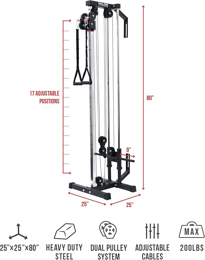 Valor Fitness Wall Mounted Cable Machine, Dual Adjustable Pulley System with 16 Height Positions, Space-Saving Home Gym Strength Training Equipment