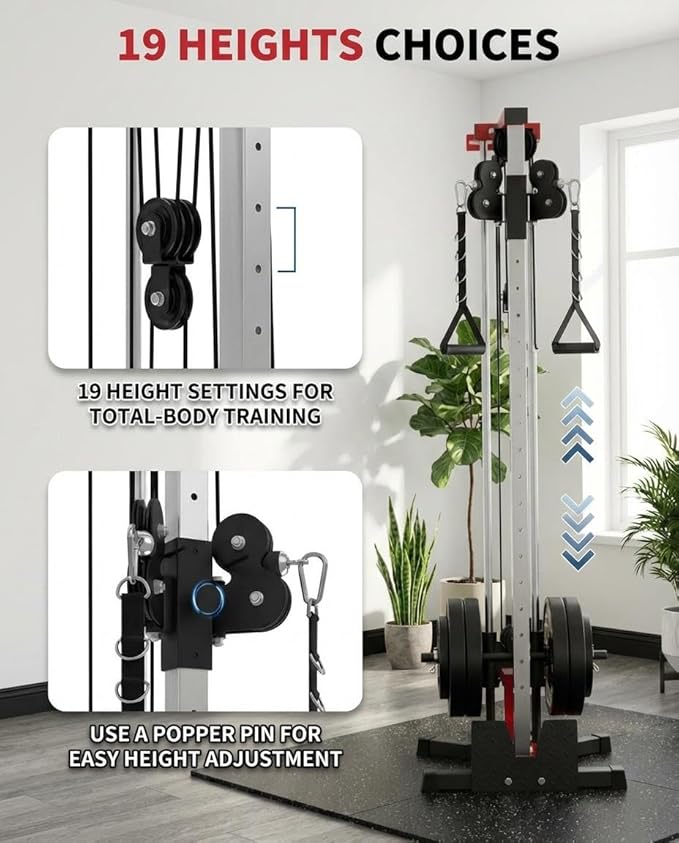 Wall Mounted Cable Machine for Home Gym, 19-Position High & Low Cable Machine with Dual Pulley System,LAT Pulldown, 400Lb Capacity, Space Saving Strength Training Equipment for Garage & Home