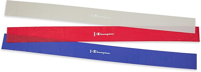 Champion Flat Resistance Bands (Pack of 3, Grey/Red/Blue), Light/Medium/Heavy, Rubber + Latex Exercise Bands, Odor-Free, for Strength Training, Physical Therapy & Gym Workout, Includes Exercise Guide