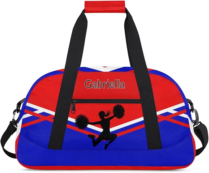 Custom Cheer Cheerleader Bag, Customized Travel Dancing Gym Barrel Bag with Name Camping Carry On Overnight Duffel Bag, Red Royal Blue Black Cheerleader Silhouette