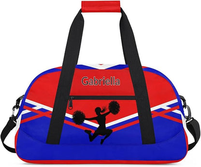 Custom Cheer Cheerleader Bag, Customized Travel Dancing Gym Barrel Bag with Name Camping Carry On Overnight Duffel Bag, Red Royal Blue Black Cheerleader Silhouette