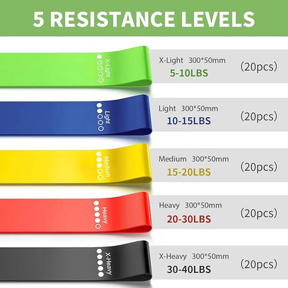 100 PCS Bulk Resistance Bands Latex, Loop Exercise Bands Set for Gym Members Sports Class Students Gift, 5 Pieces Each Set with Storage Bag, Fitness Bands for Outdoor Home Gym Yoga Pilates