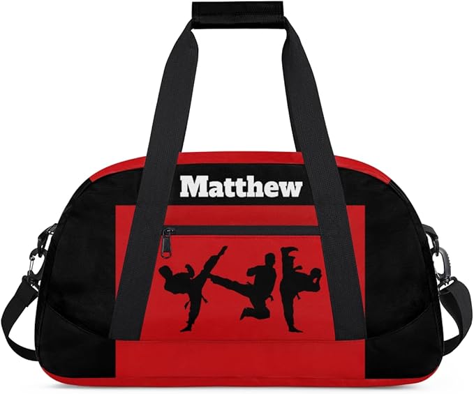 Custom Sports Gym Bag for Boys, Personalized Sports Gym Duffel Tote Workout Bag Named Rank Travel Overnight Training Bag, Martial Art Silhouette Black Red