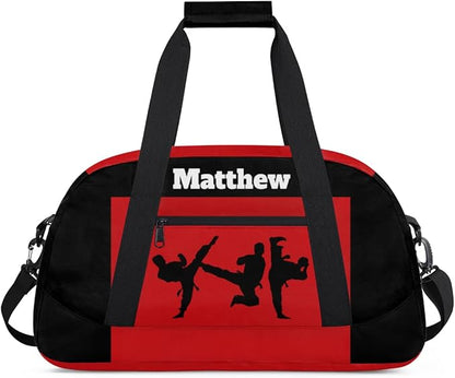 Custom Sports Gym Bag for Boys, Personalized Sports Gym Duffel Tote Workout Bag Named Rank Travel Overnight Training Bag, Martial Art Silhouette Black Red