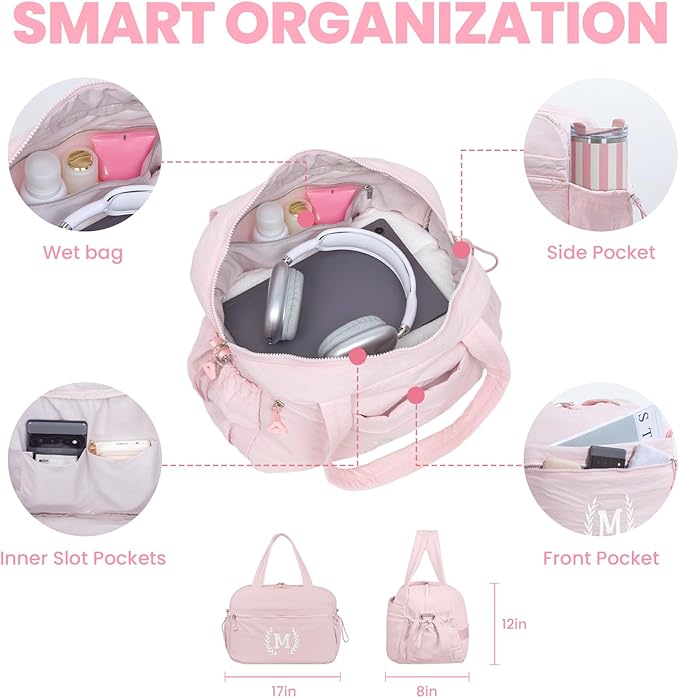 Christmas Gift for Women, Kid & Friend, Initial Girls Duffle Bag, Monogrammed Personalized Overnight Weekender, Birthday Gifts for Teen, Mom, Daughter, Grandmother, Dad (Pink, M)