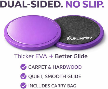 Core Sliders for Carpet & Hard Floors – Dual-Sided Exercise Discs for Home Workouts, Pilates & Ab Training, Smooth & Carpet Gliding Design with Storage Bag (Purple)