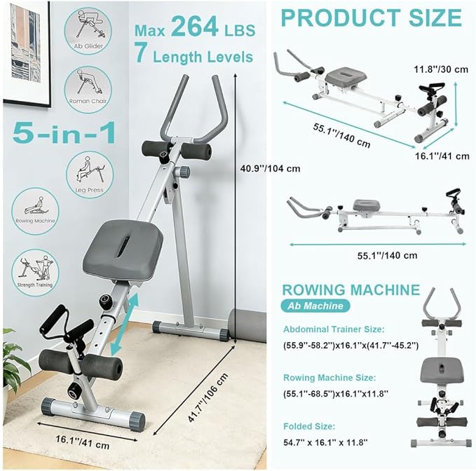 Amacthysh Ab Machine for Home Gym,5-in-1 Foldable Rowing Machine with Resistance Bands,Roman Chair & Leg Press,Adjustable Handrails,Full Body Workout Equipment with 7 Length Levels,Max 264 Lbs,Gray