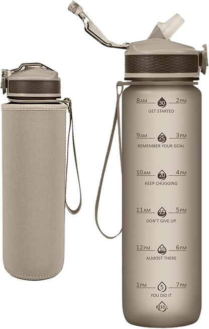 Water Bottle with Straw, Motivational 32 oz Water Bottles with Time Marker & No Sweat Sleeve, BPA Free Leak Proof Gym Bottle with Times to Drink