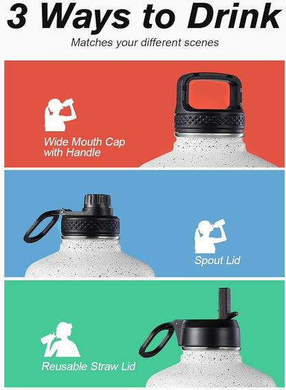Coolflask 128 oz Gallon Water Bottle Insulated with Straw&3 Lids, Water Jug Large Stainless Steel Metal Vacuum Wide Mouth for Sports, Gym or Office, Non-BPA Keep Cold 48H Hot 24H, Arctic White