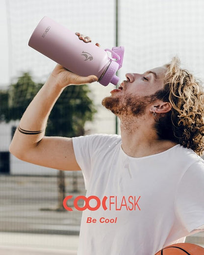 Coolflask Water Bottle 32 oz Insulated with Straw, Stainless Steel Metal 3 Lids Water Flask Wide Mouth for Sports or Office, Non-BPA Keep Cold Up to 48 Hrs or Hot Up to 24 Hrs, Pink