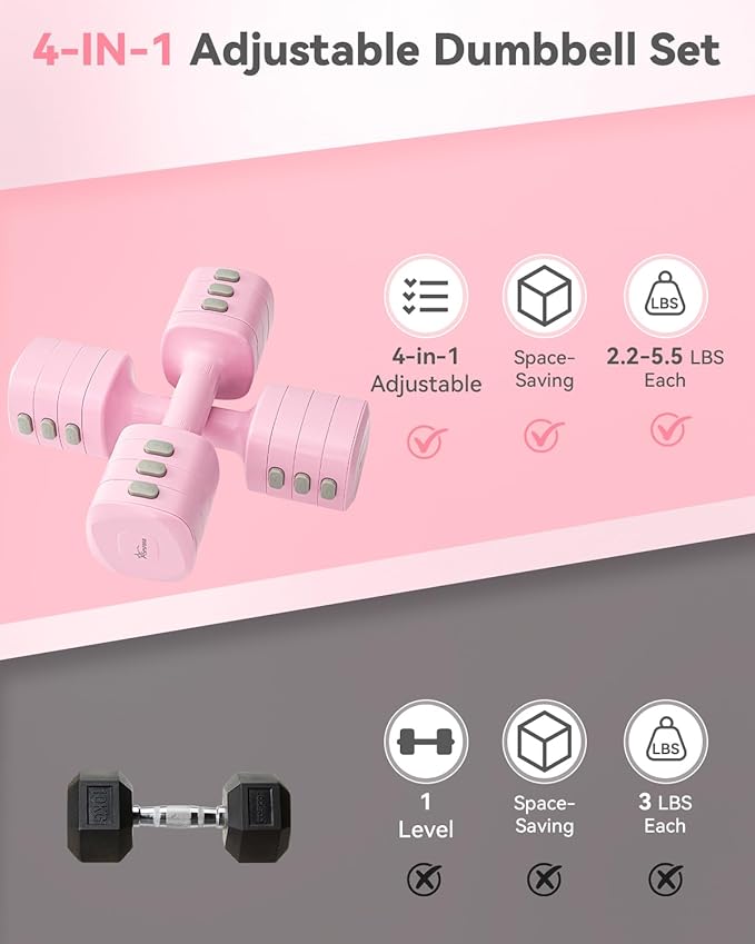 2-in-1 Adjustable Dumbbell & Kettlebell Set for Women (1.1-12.1 lbs), Quick-Change Free Weights for Home Gym, Pilates & Full Body Workout