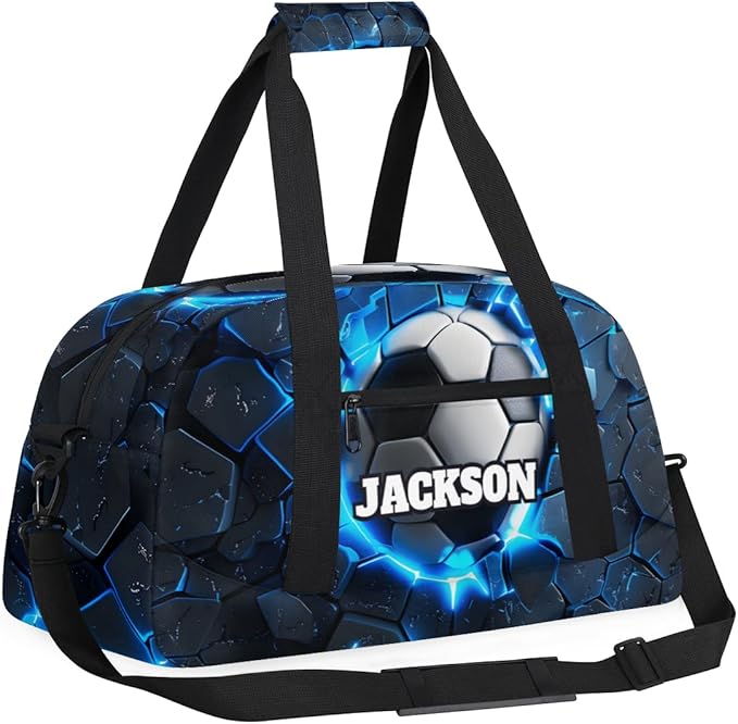 Personalized Soccer Gym Duffel Bags for Kids Boys with Custom Name Sport Training Travel Bags for Overnight Weekender, Dark Blue
