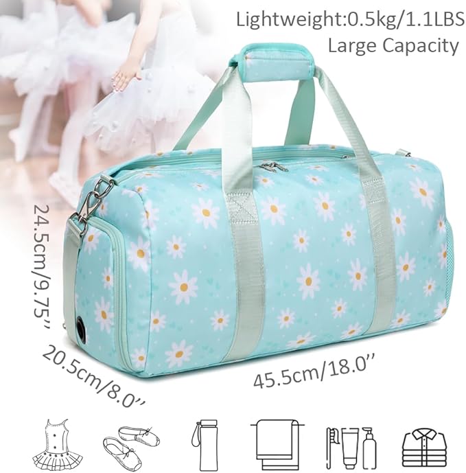 Sports Gym Bag for Girls Dance Bag Daisy Duffel Bag for Girls Water Resistant Sports Duffle Bag Overnight Sleepover Bags with Shoes Compartment Wet Pocket