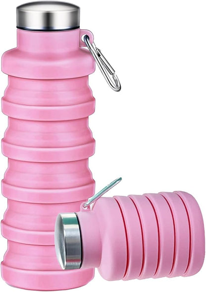 Collapsible Water Bottles,16oz Capacity Portable Reusable Silicone Water Bottle,Leak-proof,with buckle,foldable storage,Lightweight Durable for Fitness,Cycling,Sports,Camping,Hiking (Pink)