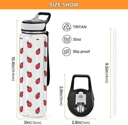 Fustylead Ladybug 32 oz BPA-Free Water Bottle with Straw, Leak-Proof Sport Bottle for Fitness, Gym, Camping, Outdoor Sports
