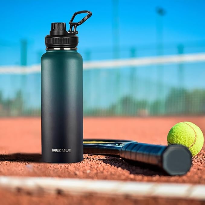 MEZMUT Insulated Water Bottle with Straw&2 Lids 40oz Stainless Steel Water Bottles Metal Water Bottle Double Walled Vacuum Insulated Bottles Thermos Leak-Proof Travel Cup (Gradient Green Black)