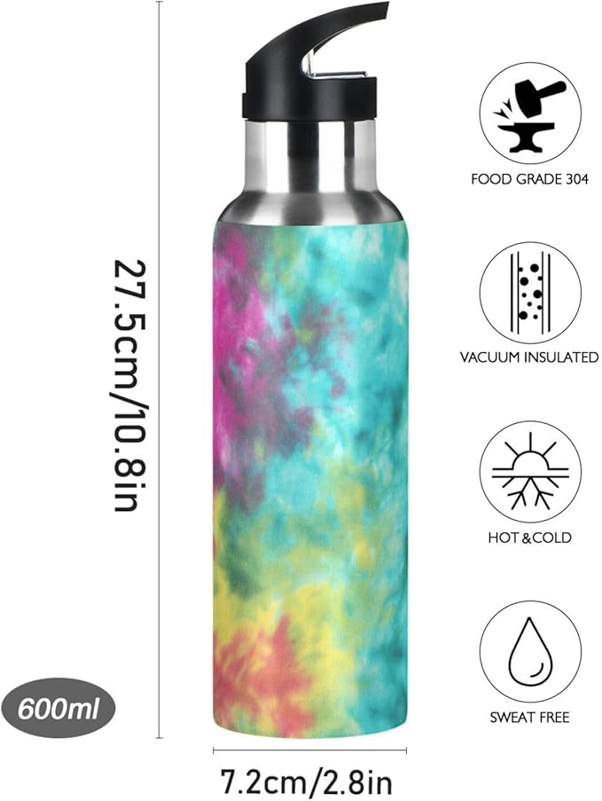 22 OZ Colorful Tie Dye Pattern Water Bottle with Straw - BPA Free Leakproof Stainless Steel Water Bottle for Women Men Water Jug for Fitness Gym Outdoor Sport