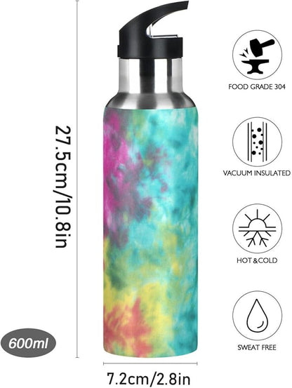 22 OZ Colorful Tie Dye Pattern Water Bottle with Straw - BPA Free Leakproof Stainless Steel Water Bottle for Women Men Water Jug for Fitness Gym Outdoor Sport