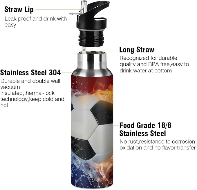 Space Fire Water Soccer Water Bottle Vacuum Insulated Stainless Steel Mug Kids Water Bottle with Straw and Handle Keep Hot Cold Sport Bike Fit Travel Outdoor 20 oz
