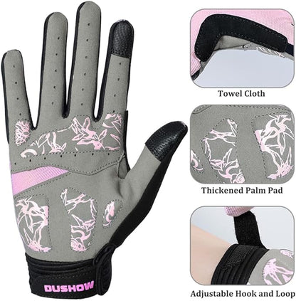 DuShow Bike Gloves for Women Cycling,Pink Floral Workout Gloves Women,Full Finger Biking Driving Riding Gloves for Women,Gel Padded Touch Screen Gym Gloves
